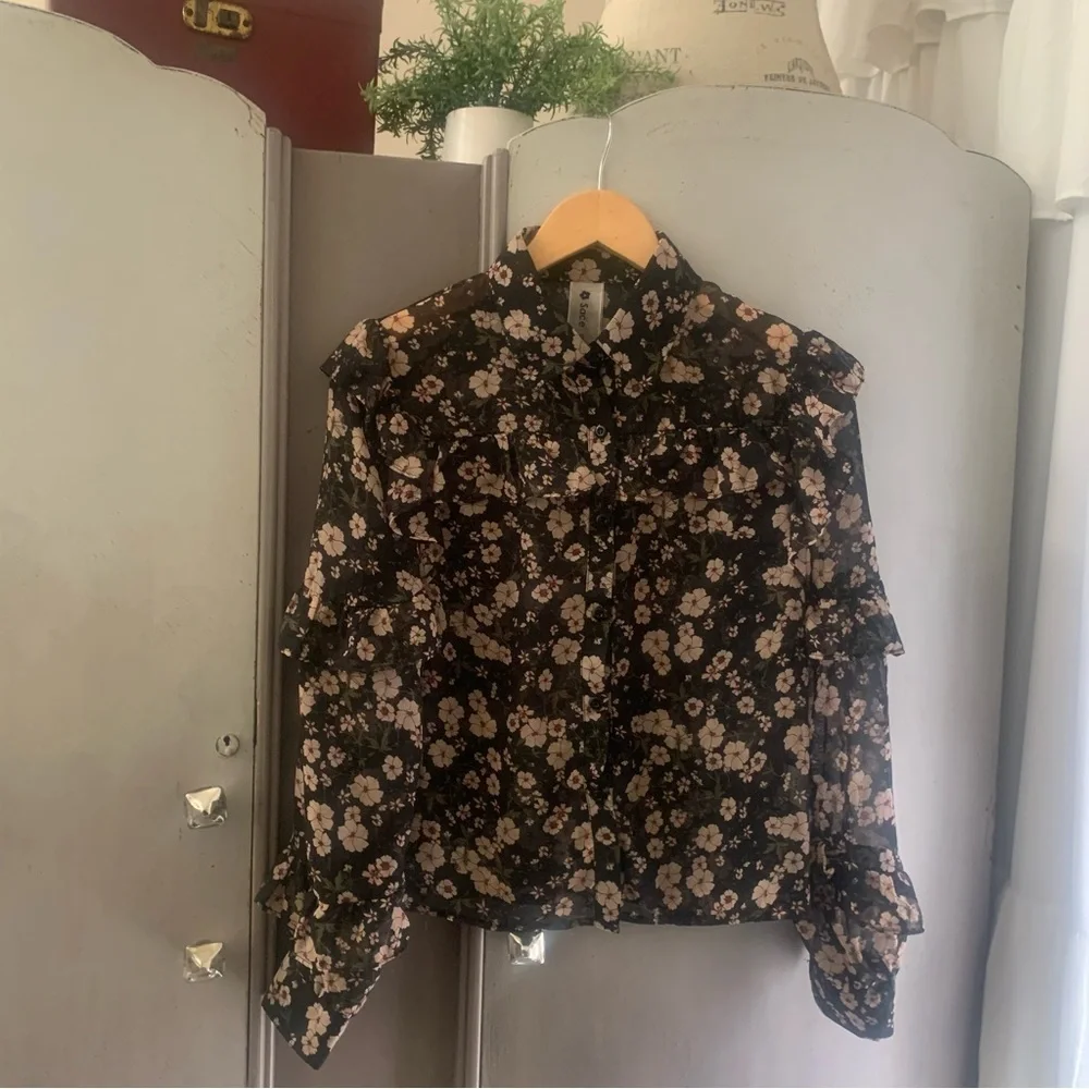 Floral Ruffle Sheer Blouse - Picture 1 of 7